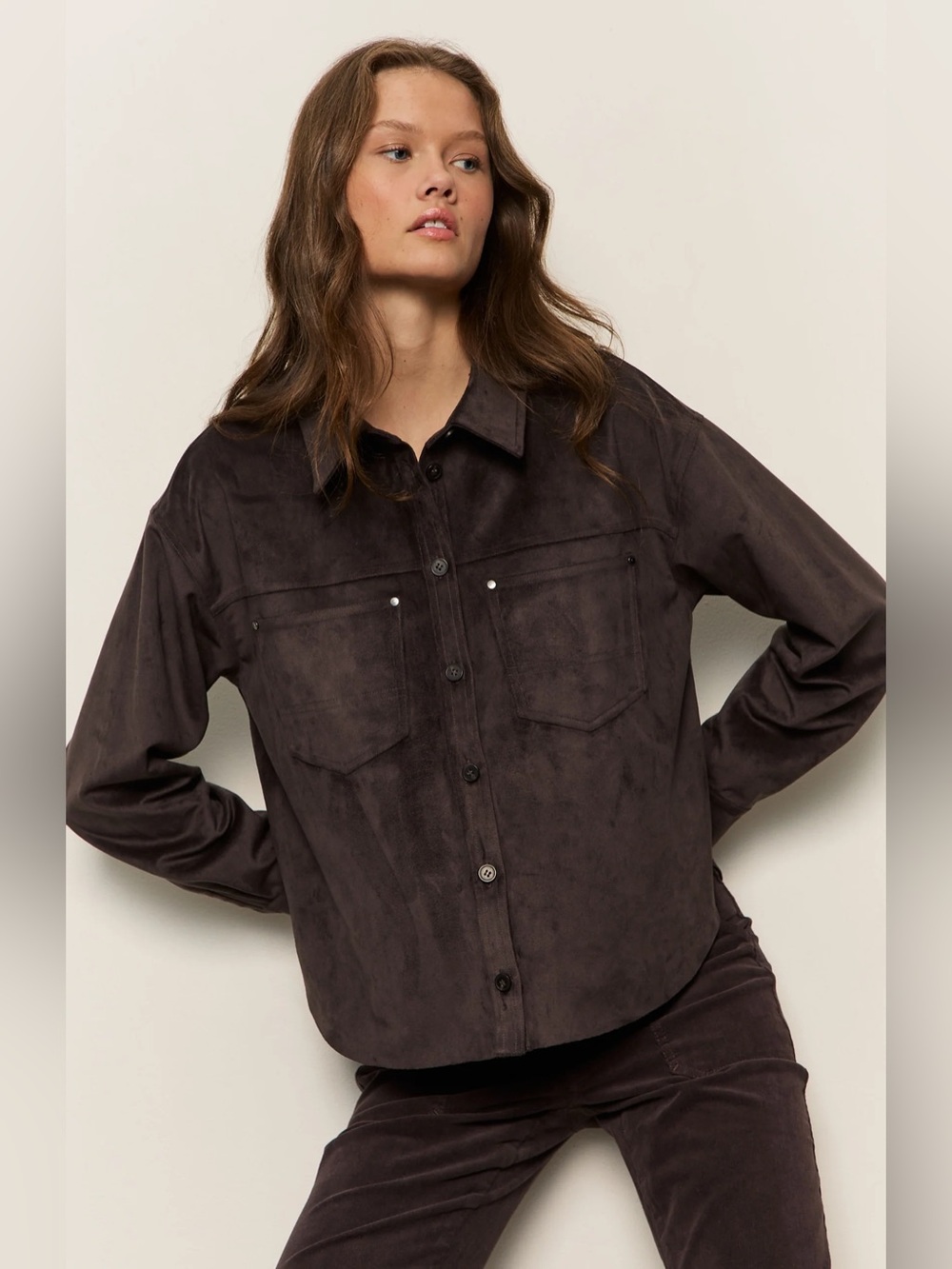 Sanctuary Dark Brown Suede-Feel Button-Down Shirt Jacket